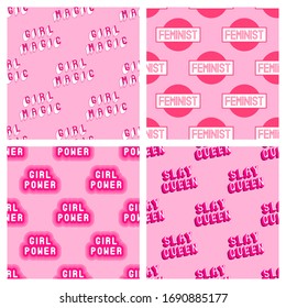 Set of 4 feminist seamless patterns. Pink vector backgrounds with text patches: “Girl Power”, “Girl Magic”, “Slay Queen”, “Feminist”.