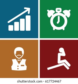 set of 4 up filled icons such as Casino boy, graph, clock alarm