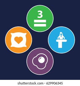 Set of 4 filled icons such as airport desk, pillow with heart on it, 3 allowed