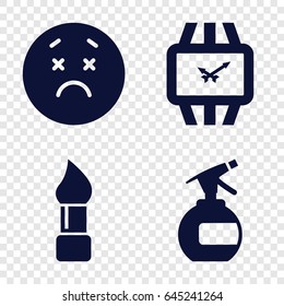Set of 4 filled icons such as brush, spray bottle, upset emot