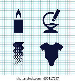 Set of 4 filled icons such as baby onesie, curly hair, microscope