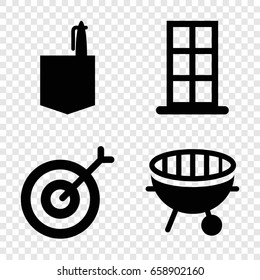 Set of 4 filled icons such as door, office room, bbq