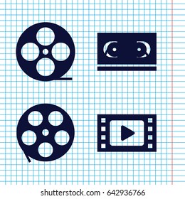 Set of 4 filmstrip filled icons such as movie tape
