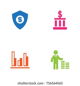 Set Of 4 Finance Icons Set.Collection Of Investor, Building, Analysis And Other Elements.