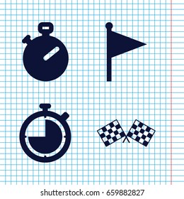 Set of 4 finish filled icons such as finish flag, stopwatch