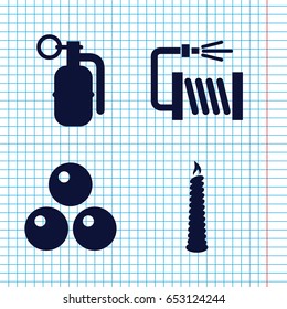 Set of 4 fire filled icons such as water hose, candle, dynamite