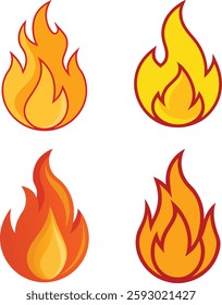 Set of 4 fire flame vector illustration. Red and yellow burning flame for graphic design, logos, icon, posters, and digital projects. Flat fire collection set.