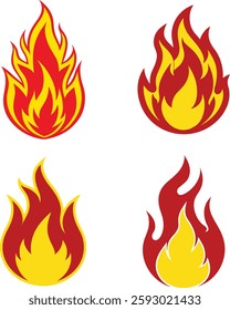 Set of 4 fire flame vector illustration. Red and yellow burning flame for graphic design, logos, icon, posters, and digital projects. Flat fire collection set.