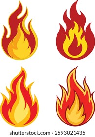 Set of 4 fire flame vector illustration. Red and yellow burning flame for graphic design, logos, icon, posters, and digital projects. Flat fire collection set.