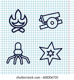 Set of 4 fire outline icons such as explosion, cannon, rocket