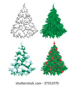 Set of 4 firs: drawing by hand, a green fir, a fir in snow, a Christmas-tree with decorations. Vector illustration.