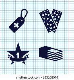 Set of 4 first filled icons such as medical cross tag, bandage