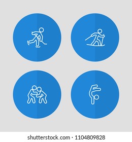 Set of 4 fitness icons line style set. Collection of skiing, wrestling, hockey and other elements.