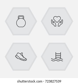 Set Of 4 Fitness Outline Icons Set.Collection Of Health Care, Trekking Shoes, Pool And Other Elements.