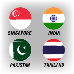 Set Of 4 Flags - Round Icons - Singapore India Pakistan Thailand