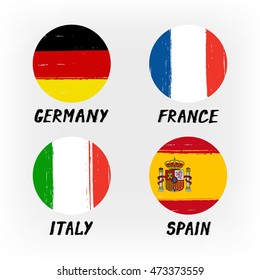 Set Of 4 Flags - Round Icons - Germany France Italy Spain