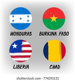 Set Of 4 Flags - Round Icons - Honduras Burkina Faso Liberia Chad