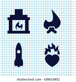 Set of 4 flame filled icons such as heart in fire, fireplace, rocket
