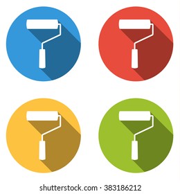 Set of 4 flat buttons in different colors with long shadow and paint roller