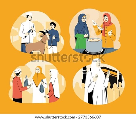 Set of 4 flat circular scene illustrations for Eid Al Adha and Hajj featuring Muslim family with sacrificial goat, women cooking qurban meat, family greeting and gift exchange, and Muslim woman at Kaaba pilgrimage. Orange background, vector.