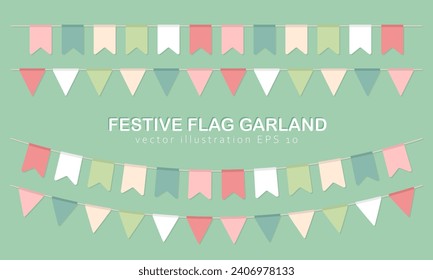 Set von 4 flachen bunten Flags oder Partyflags auf einem String. mehrfarbige, sich wiederholende, hängende karnevalsfarbene Graslandschaften einzeln auf grünem Hintergrund. Fest-, Messe- und Geburtstagsfeiern in verschiedenen Tönen anfertigen