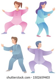 Set of 4 flat design characters practicing qigong or tai chi.