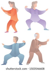 Set of 4 flat design senior characters practicing qigong or tai chi.