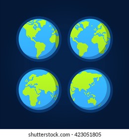 Set of 4 flat globe icons.  Stylized geometric world map. Earth from space.