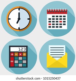 Set of 4 flat icons. Office and work, clock, calendar, calculator and mail.