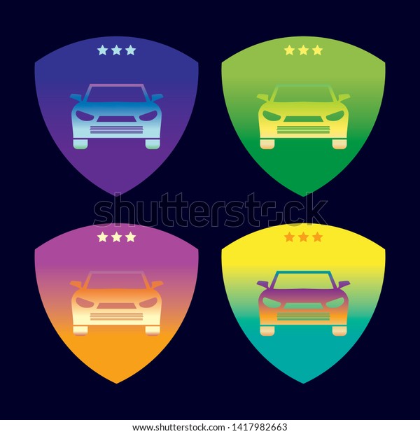set 4 flat logo design\
combined from shield shape and car with gradient color effect.\
colorful template