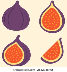 Set of 4 flat vector illustrations of fresh figs in different views – whole, halved, and sliced. Minimalist style, isolated, perfect for food design and packaging.