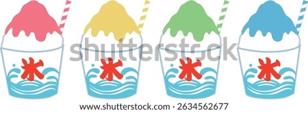 Set of 4 flavored cup shaved ice with straws: strawberry, lemon, melon, and blue Hawaii (vector image)