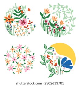 Conjunto de 4 diseños florales en marcos de círculo para planificadores, tarjetas, medios digitales