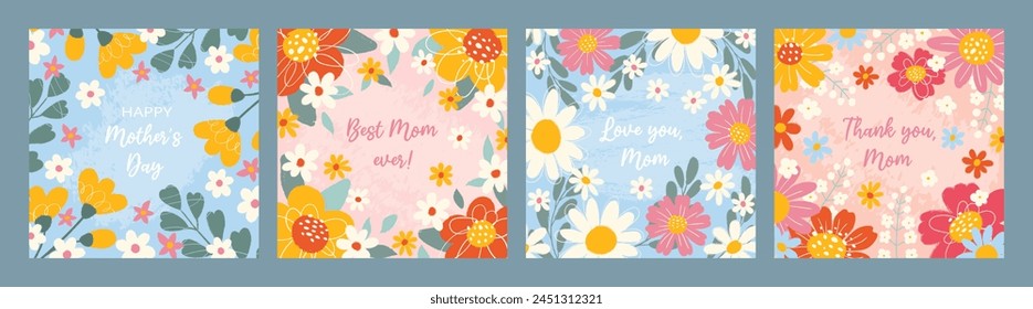 Set 4 floral festive cards on pink and blue background with text in flat vector style. Happy Mother's Day concept. Hand drawn flowers and leaves. Grunge textures, pencil strokes and rough edges.