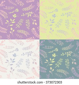 Set of 4 floral ornate doodle seamless patterns in four color variations. Vector illustration. For backgrounds, wallpapers, wrapping paper, textile, prints. 