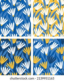 Set of 4 floral patterns with simple blue, yellow, white flowers. Blue and yellow color theme. Vector blue and yellow flowers. Vector chamomile. Floral patterns in the colors of the flag of Ukraine