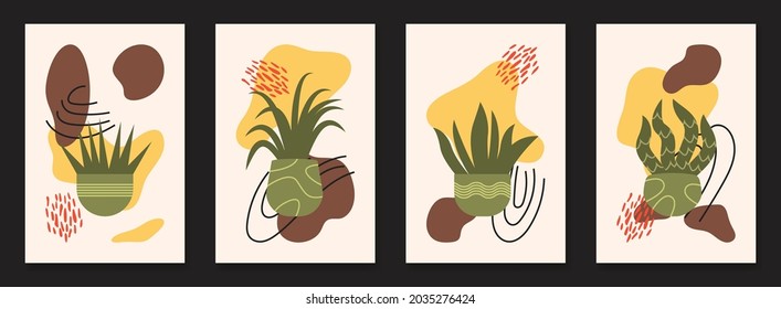 Conjunto de 4 florales en olla. Dibujo vectorial de carteles estéticos modernos de pared