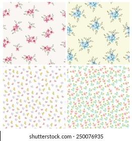 Set of 4 floral seamless pattern. Cute print of flowers. Vector background.
