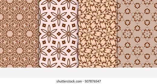 set of 4 floral seamless pattern. abstract geometry shape and lines. vector illustration. Ethnic ornament. For design, wallpaper, background fills, fill, card, banner, flyer. Beige color