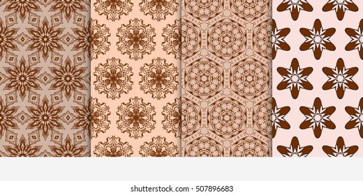 set of 4 floral seamless pattern. abstract geometry shape and lines. vector illustration. Ethnic ornament. For design, wallpaper, background fills, fill, card, banner, flyer. Beige color