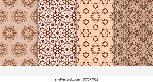 set of 4 floral seamless pattern. abstract geometry shape and lines. vector illustration. Ethnic ornament. For design, wallpaper, background fills, fill, card, banner, flyer. Beige color