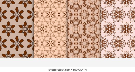 set of 4 floral seamless pattern. abstract geometry shape and lines. vector illustration. Ethnic ornament. For design, wallpaper, background fills, fill, card, banner, flyer. Beige color