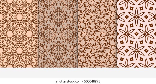 set of 4 floral seamless pattern. abstract geometry shape and lines. vector illustration. Ethnic ornament. For design, wallpaper, background fills, fill, card, banner, flyer. Beige color