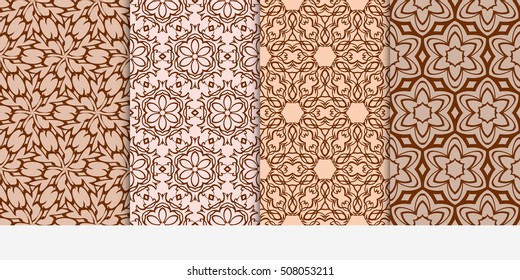 set of 4 floral seamless pattern. abstract geometry shape and lines. vector illustration. Ethnic ornament. For design, wallpaper, background fills, fill, card, banner, flyer. Beige color