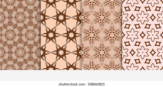 set of 4 floral seamless pattern. abstract geometry shape and lines. vector illustration. Ethnic ornament. For design, wallpaper, background fills, fill, card, banner, flyer. Beige color