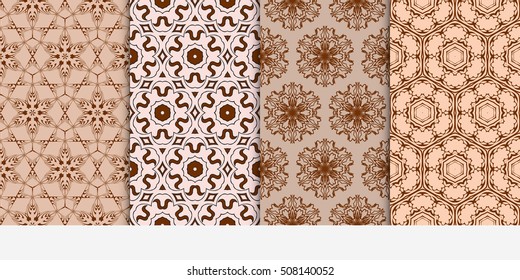 set of 4 floral seamless pattern. abstract geometry shape and lines. vector illustration. Ethnic ornament. For design, wallpaper, background fills, fill, card, banner, flyer. Beige color