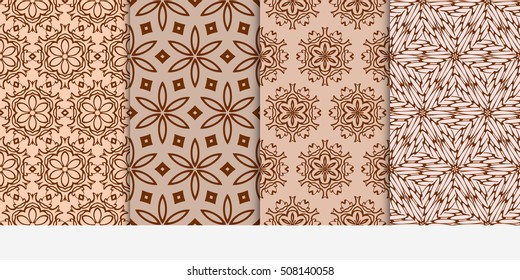 set of 4 floral seamless pattern. abstract geometry shape and lines. vector illustration. Ethnic ornament. For design, wallpaper, background fills, fill, card, banner, flyer. Beige color