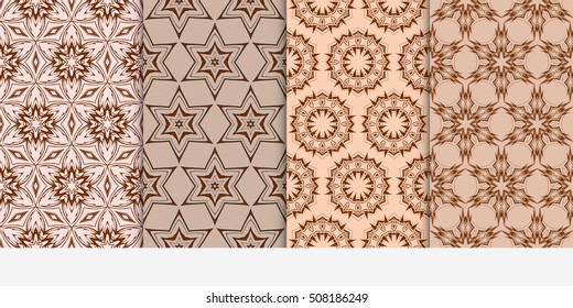set of 4 floral seamless pattern. abstract geometry shape and lines. vector illustration. Ethnic ornament. For design, wallpaper, background fills, fill, card, banner, flyer. Beige color