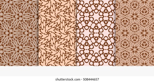 set of 4 floral seamless pattern. abstract geometry shape and lines. vector illustration. Ethnic ornament. For design, wallpaper, background fills, fill, card, banner, flyer. Beige color