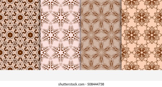set of 4 floral seamless pattern. abstract geometry shape and lines. vector illustration. Ethnic ornament. For design, wallpaper, background fills, fill, card, banner, flyer. Beige color